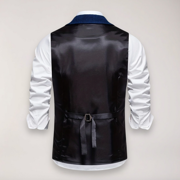 Elegant men's herringbone vest, a sophisticated dress waistcoat with a stylish reversed collar for formal occasions.