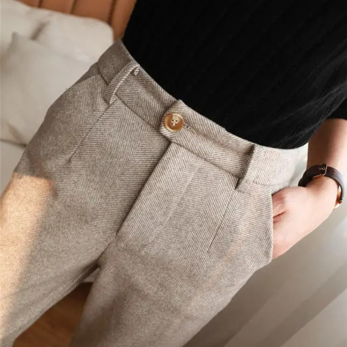 Durable men's wool herringbone dress pants, professional and formal wear for any setting.