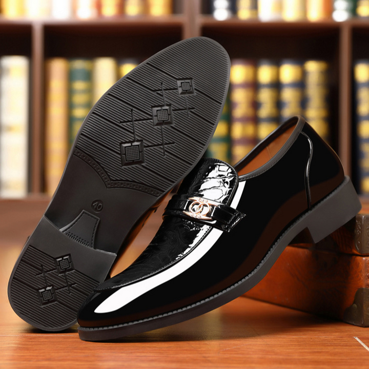 Classic men's formal slip-on dress shoes with a high-shine finish, luxury smart casual style.