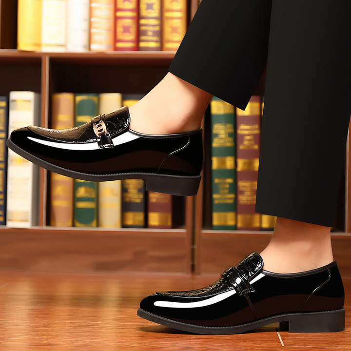 Mens high-shine slip-on loafers, formal dress shoes, business attire, luxury men's fashion footwear.