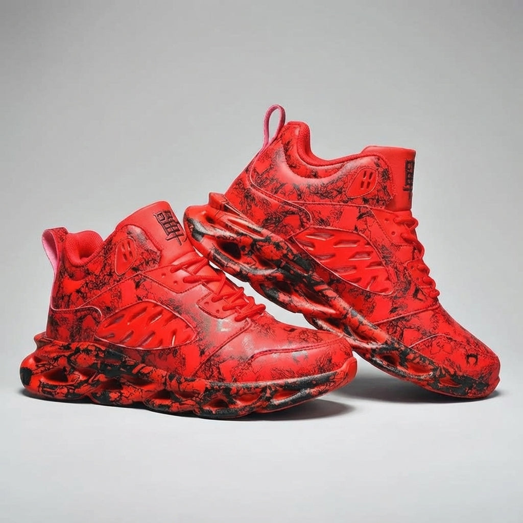 Close-up of men's orthopedic high-top sneakers, showcasing textured material and sturdy casual design.