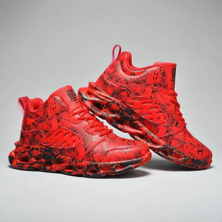 Close-up of men's orthopedic high-top sneakers, showcasing textured material and sturdy casual design.