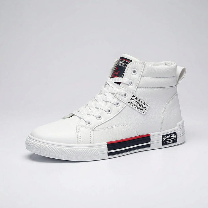 White men's high-top lace-up sneakers, offering versatile street style and comfortable ankle support.