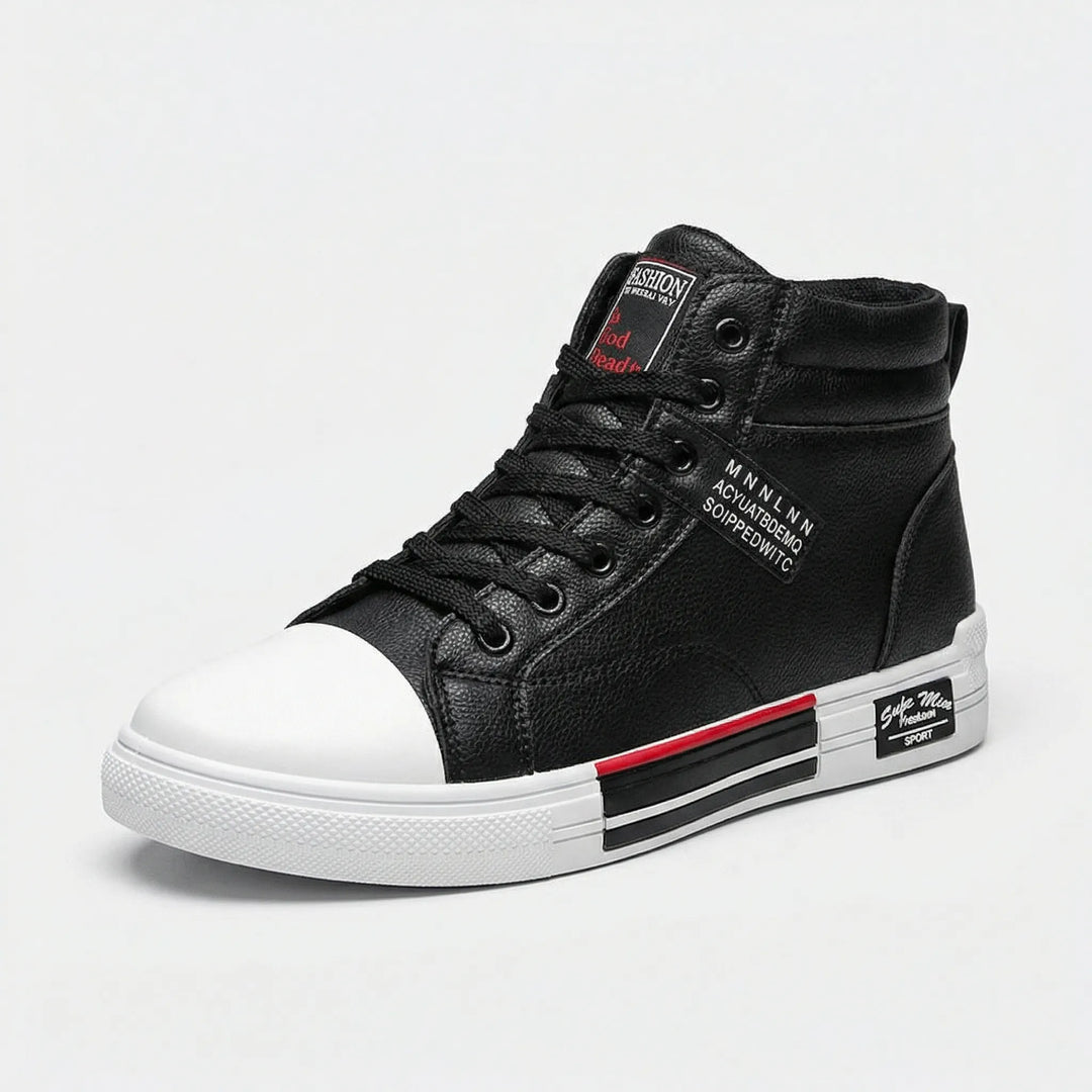 Stylish men's high-top sneakers with adjustable lace-up. Casual footwear for street style, comfort & everyday fashion.