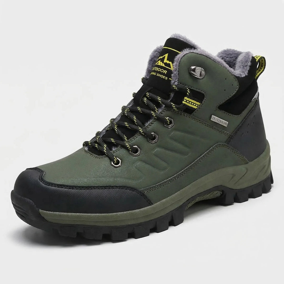 Warm men's all-terrain hiking boots, high-top design for ultimate cold weather protection on trails.