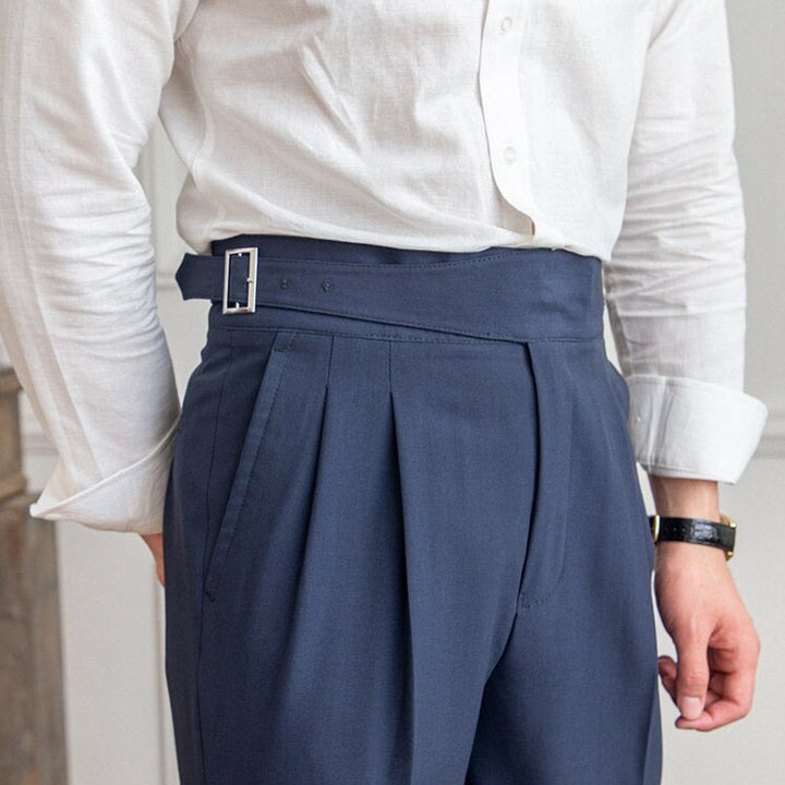 Isauro men's Gurkha pants with high waist and double buckle closure, formal wear.