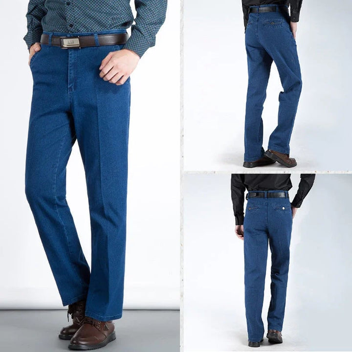 Comfortable men's high waist straight leg jeans. Versatile denim pants for a relaxed fit.