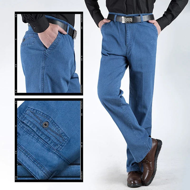 Tobias men's high waist straight leg jeans. Premium blue denim for a timeless, casual look.