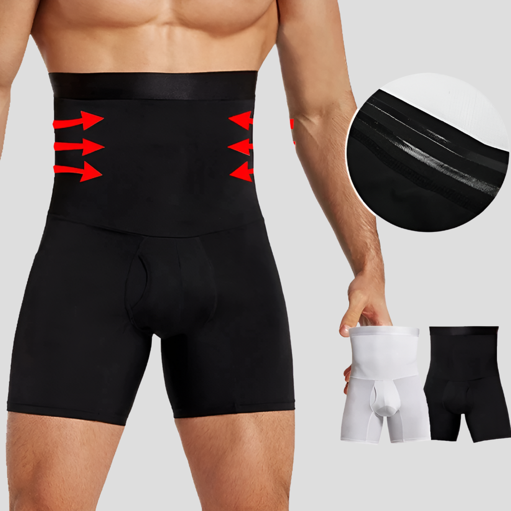 Men's high-waisted compression shorts in black, providing muscle support for intense workouts and fitness.