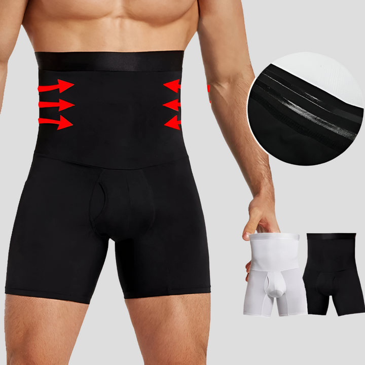 Men's high-waisted compression shorts in black, providing muscle support for intense workouts and fitness.