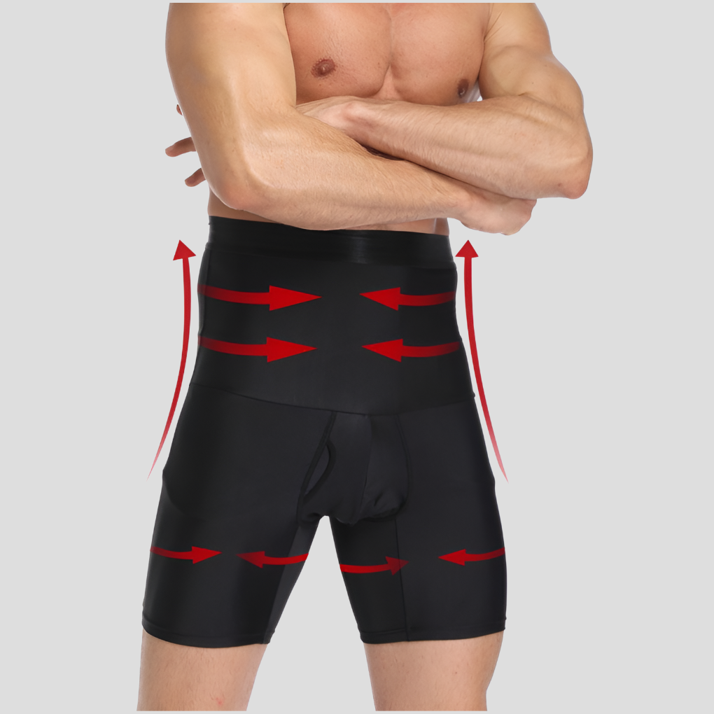 Athletic men's compression shorts, high-waisted for tummy control and enhanced support during sports.