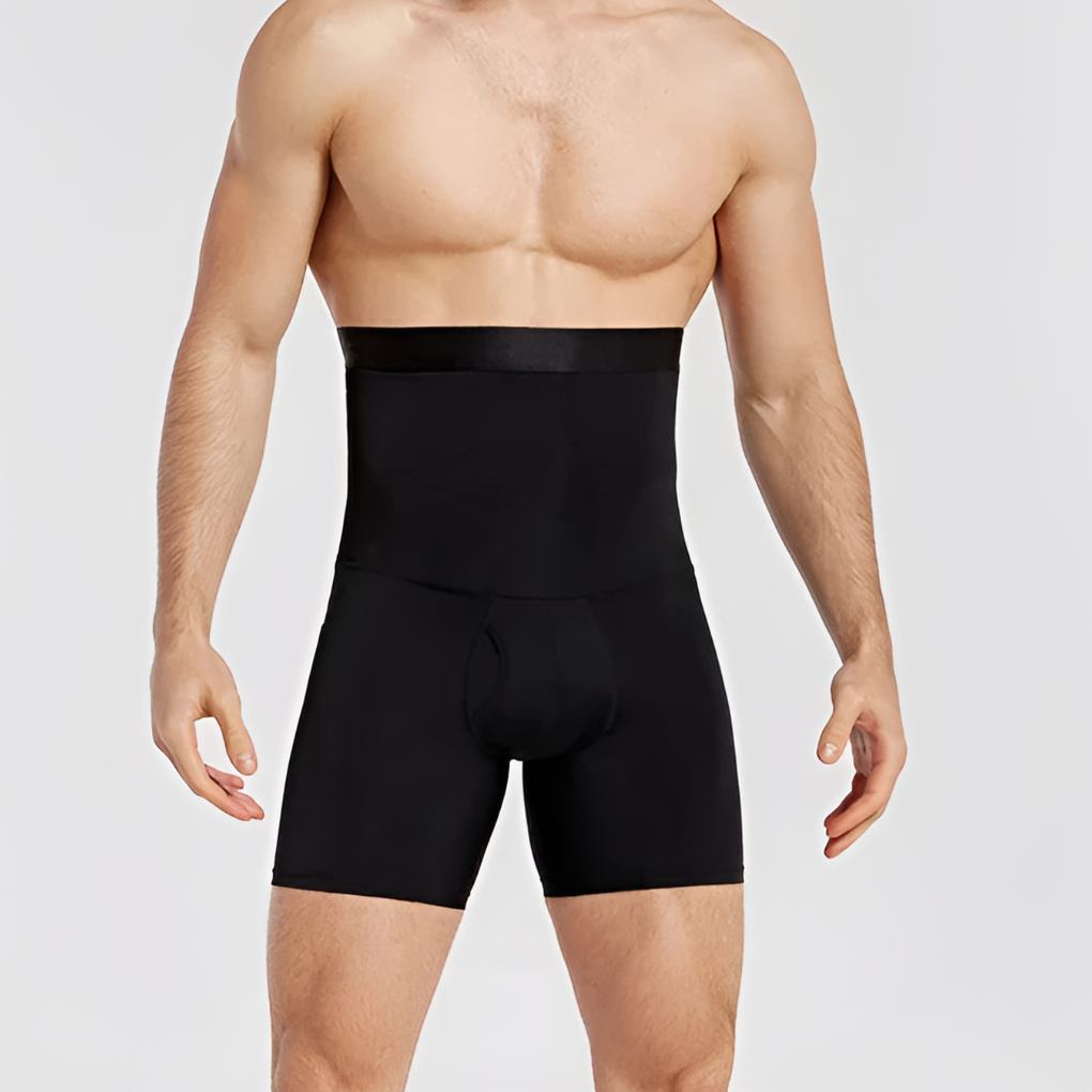 Black high-waisted compression shorts for men, perfect gym wear, offering muscle support and performance.