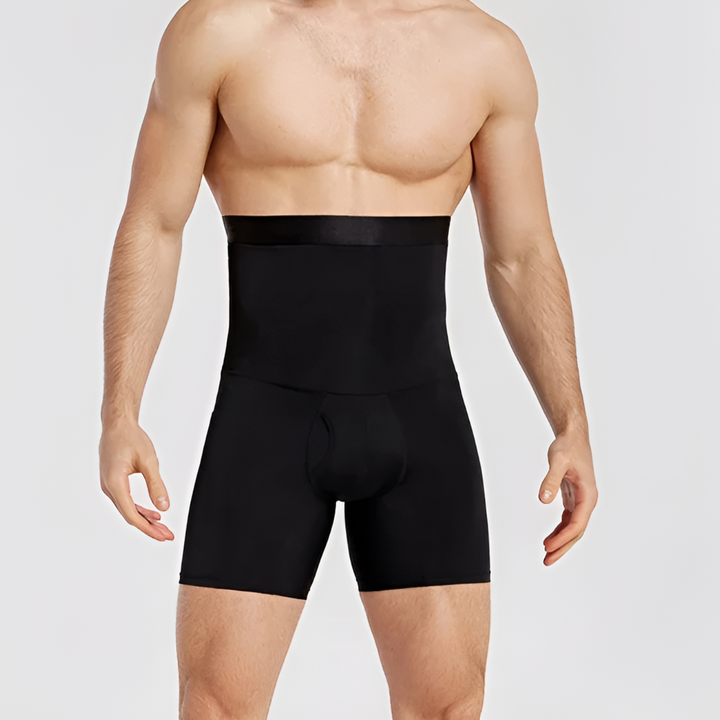 Black high-waisted compression shorts for men, perfect gym wear, offering muscle support and performance.