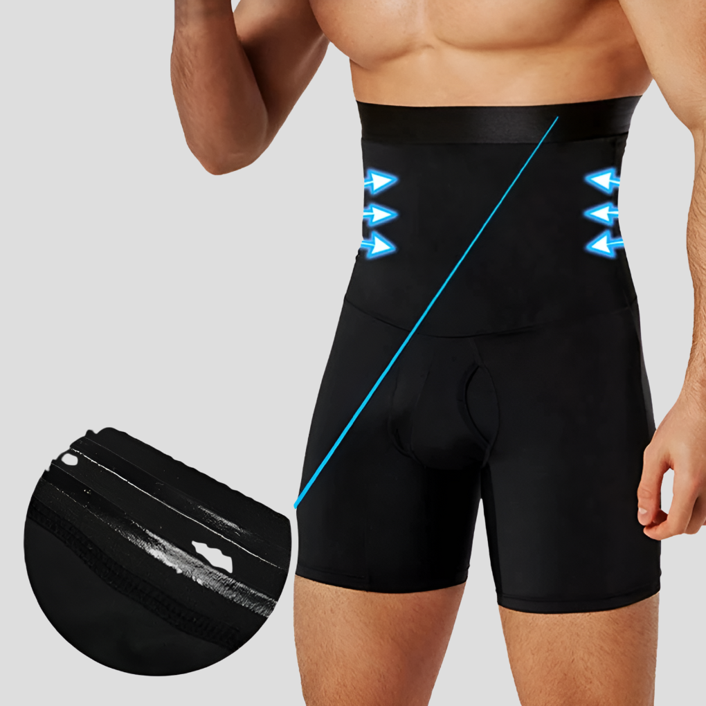 Performance men's compression shorts, high-waisted, in black, ideal for gym, running, and athletic support.