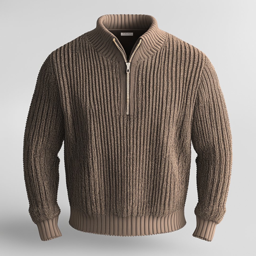 Cozy men's knit quarter-zip sweater with a high collar, providing warm, stylish comfort for cool weather.