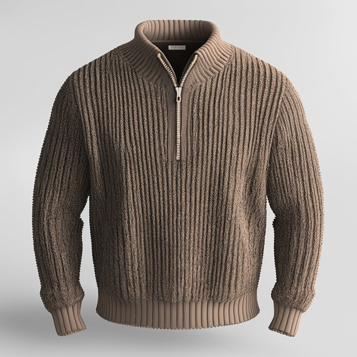 Cozy men's knit quarter-zip sweater with a high collar, providing warm, stylish comfort for cool weather.