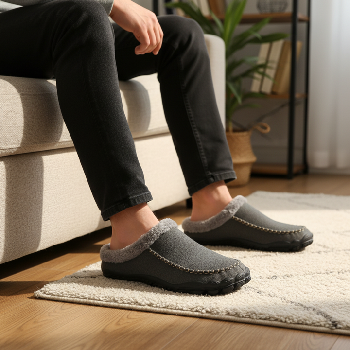 Men's HomeStride cozy lined slippers in brown for indoor comfort, side view.