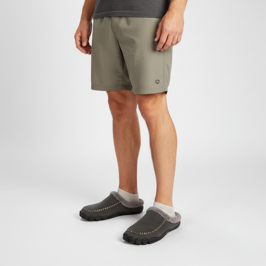 Pair of black men's HomeStride lined house shoes, non-slip sole visible.
