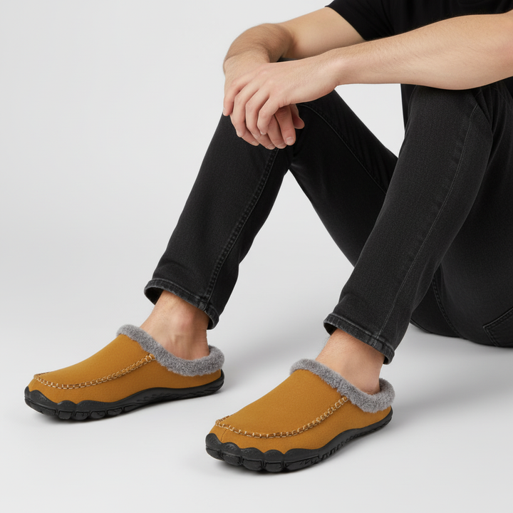 Top view of HomeStride men's warm slippers, perfect for indoor comfort and relaxation.