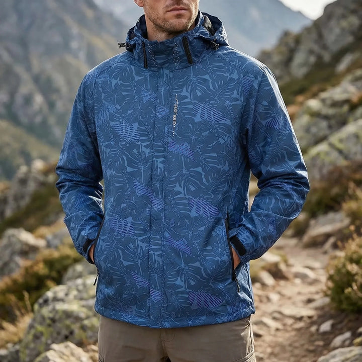 Men's hooded full-zip windbreaker jacket. Lightweight, water-repellent, ideal for hiking, outdoor gear & activewear.