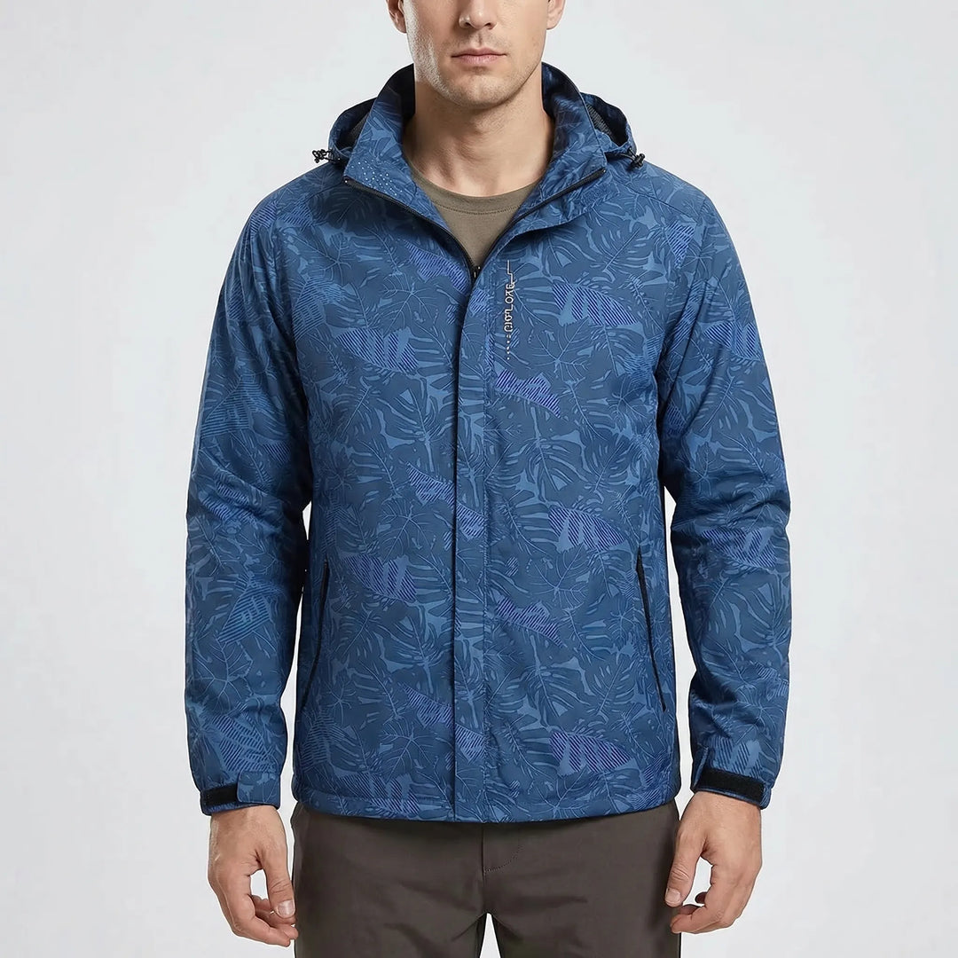 Men's botanical print hooded windbreaker jacket. Stylish full-zip, water-repellent outdoor gear for hiking & travel.