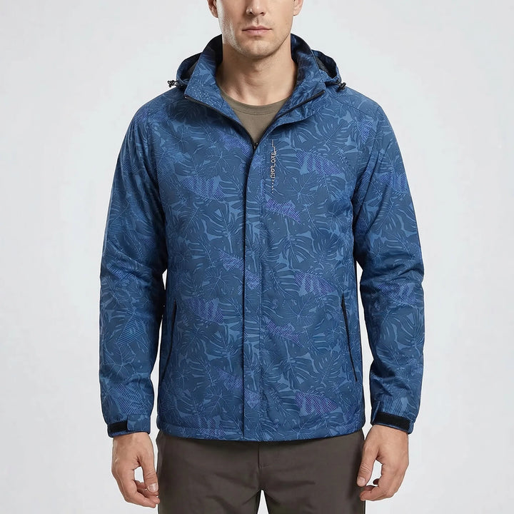 Men's botanical print hooded windbreaker jacket. Stylish full-zip, water-repellent outdoor gear for hiking & travel.