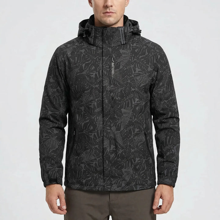 Men's outdoor hooded windbreaker shell jacket. Full-zip, water-repellent, lightweight design for hiking & fall activewear.