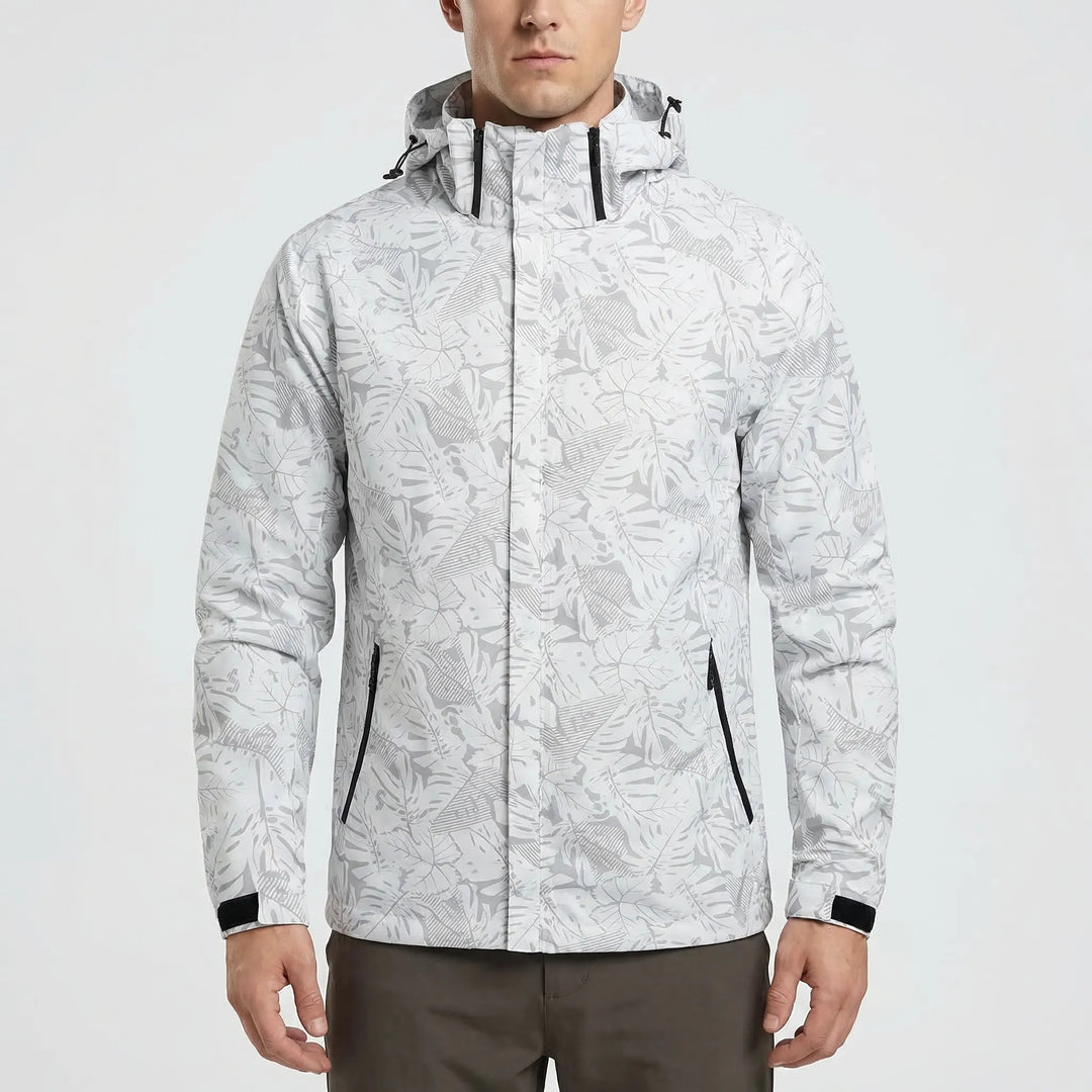 Man wearing a lightweight hooded full-zip windbreaker jacket. Water-repellent outdoor gear, great for hiking & fall activewear.