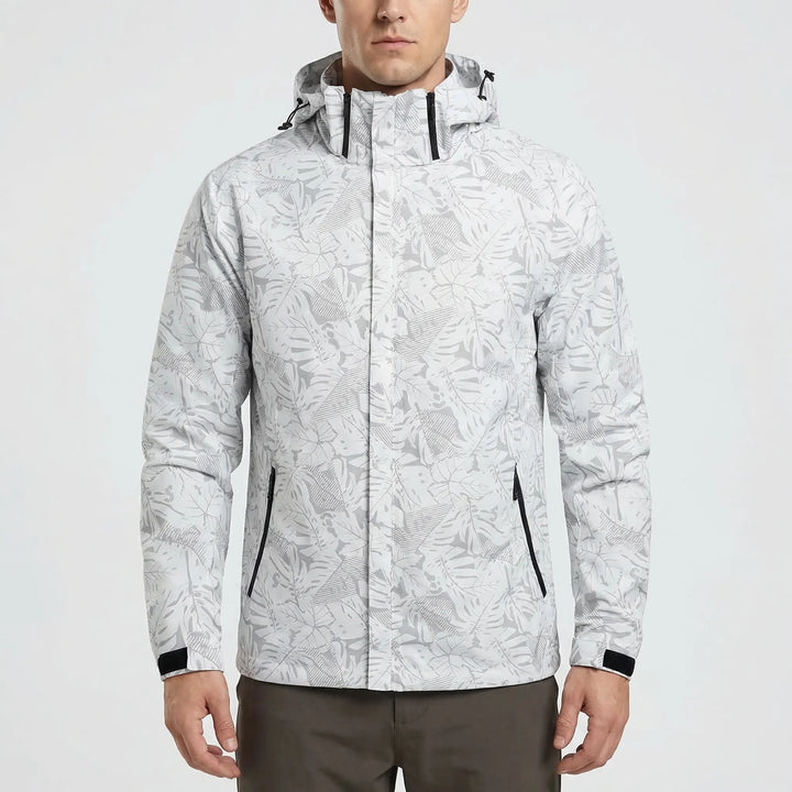 Man wearing a lightweight hooded full-zip windbreaker jacket. Water-repellent outdoor gear, great for hiking & fall activewear.