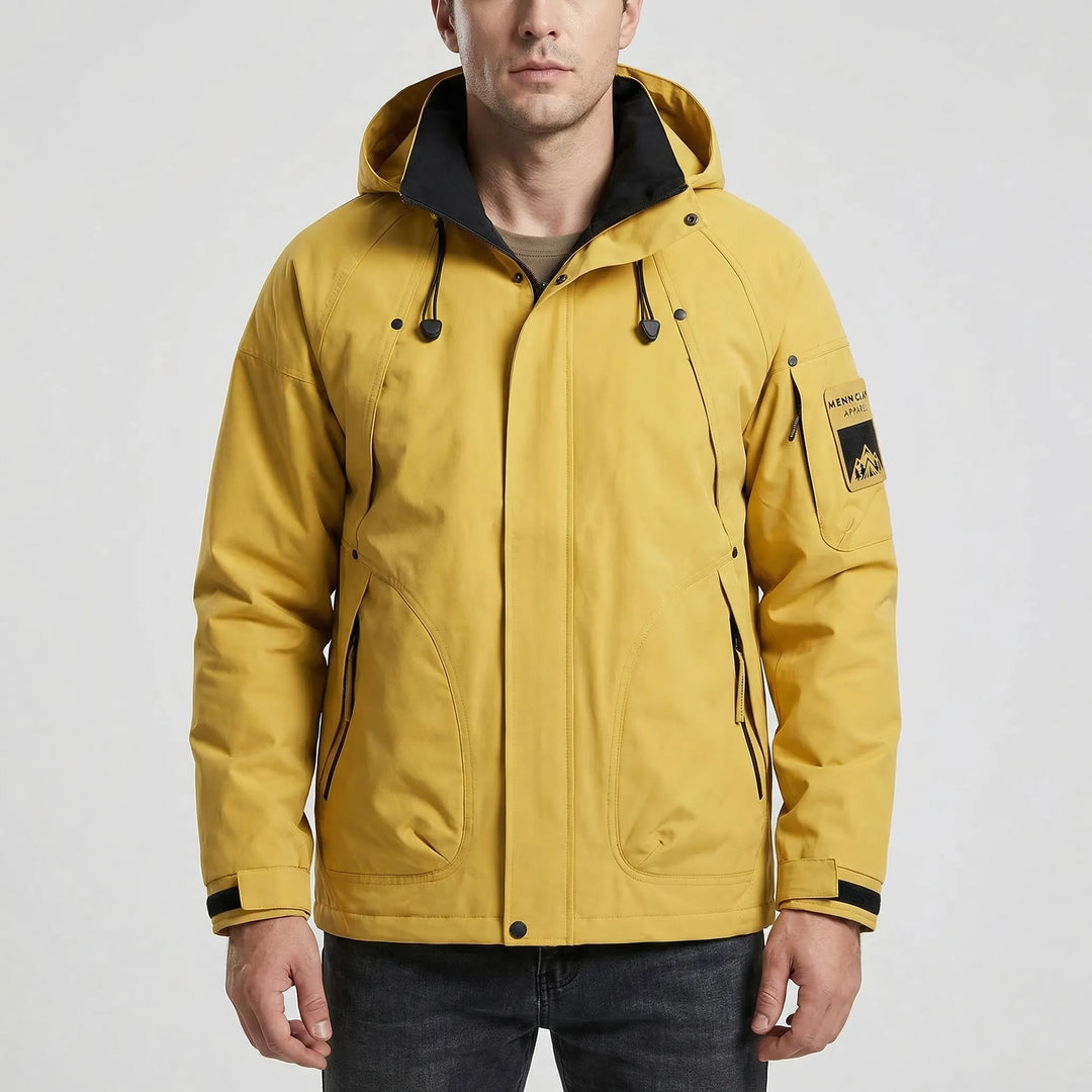 Men's activewear hooded softshell jacket for hiking & camping, lightweight & wind-resistant outerwear.
