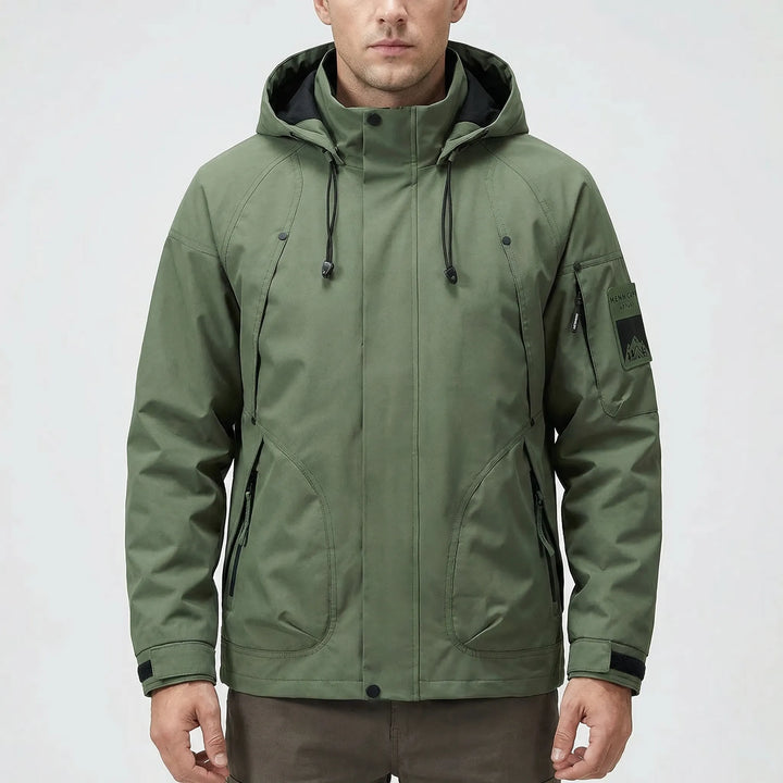 Durable men's hooded softshell windbreaker, water-resistant & lightweight for hiking & outdoor use.