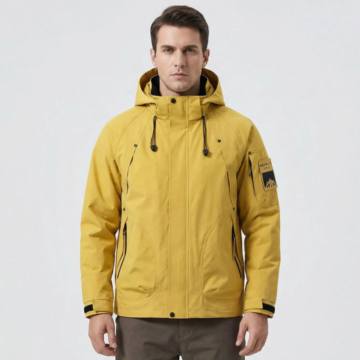Stylish men's hooded softshell windbreaker, excellent for spring/fall, lightweight & water-resistant activewear.