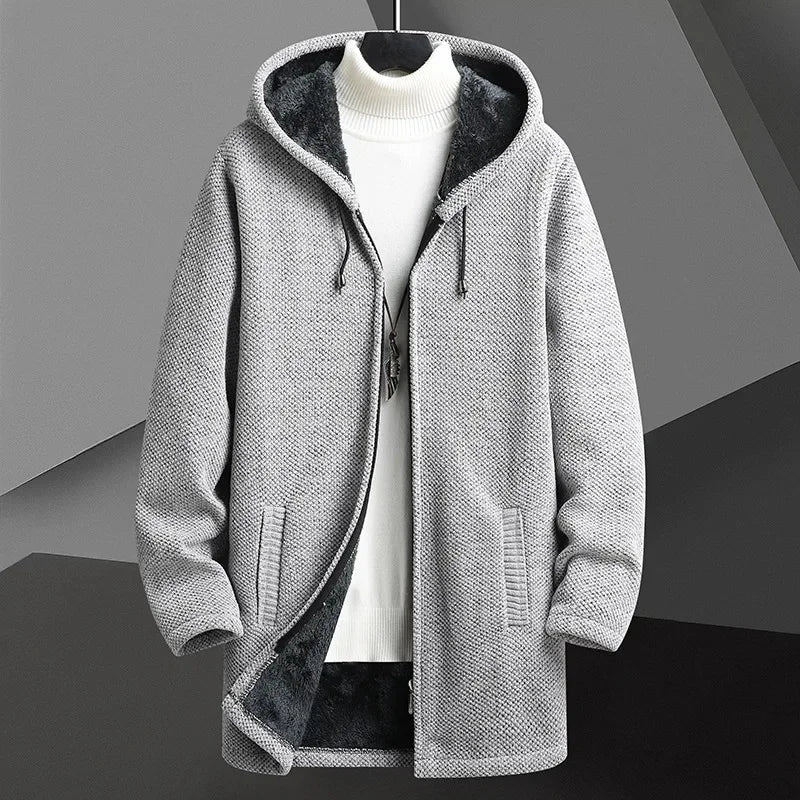 Men's hooded urban overcoat, stylish outerwear perfect for fall and winter.