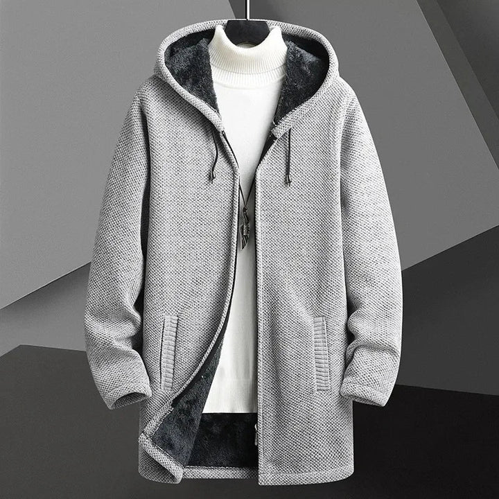 Men's hooded urban overcoat, stylish outerwear perfect for fall and winter.