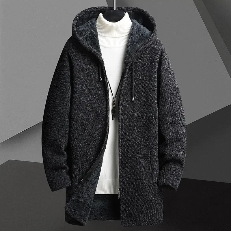 Cozy men's winter overcoat with hood, comfortable & warm urban jacket for cold weather.