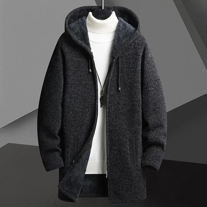 Cozy men's winter overcoat with hood, comfortable & warm urban jacket for cold weather.