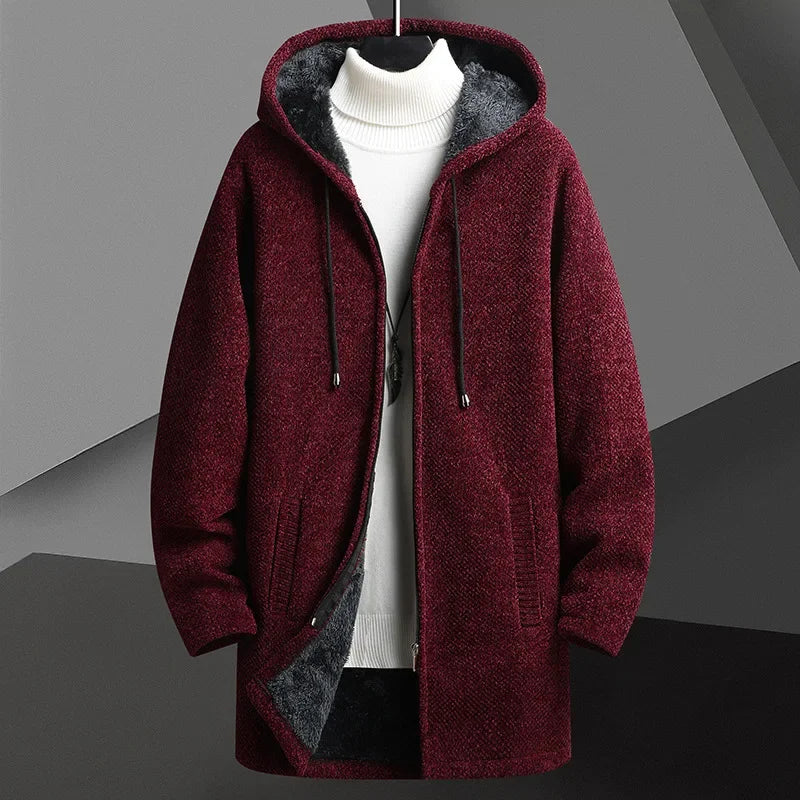 Stylish men's hooded overcoat, perfect layering piece for urban fall and winter outfits.