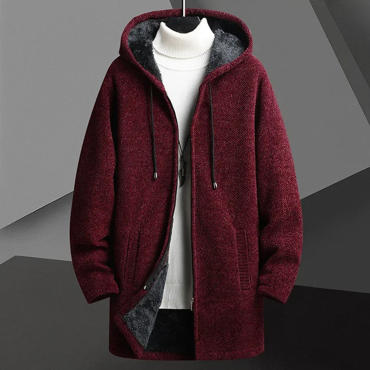 Stylish men's hooded overcoat, perfect layering piece for urban fall and winter outfits.