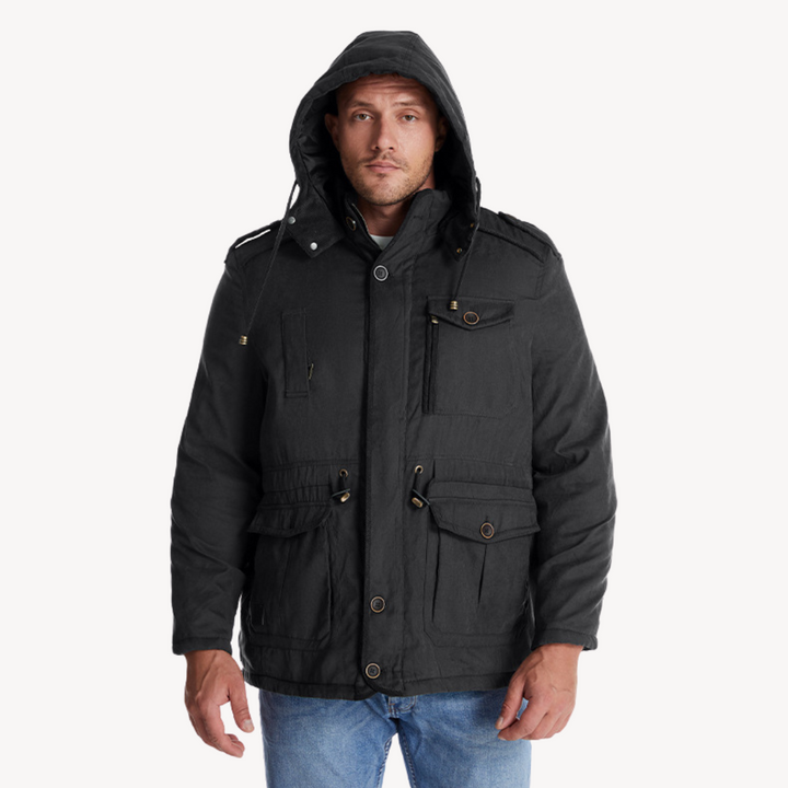 Men's hooded utility parka. Durable zip-through outdoor jacket with multi-pockets for cold weather adventures.