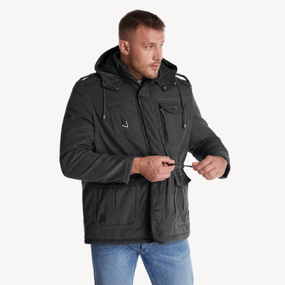 Casual men's utility jacket. Stylish hooded parka, perfect for layering in fall & winter.