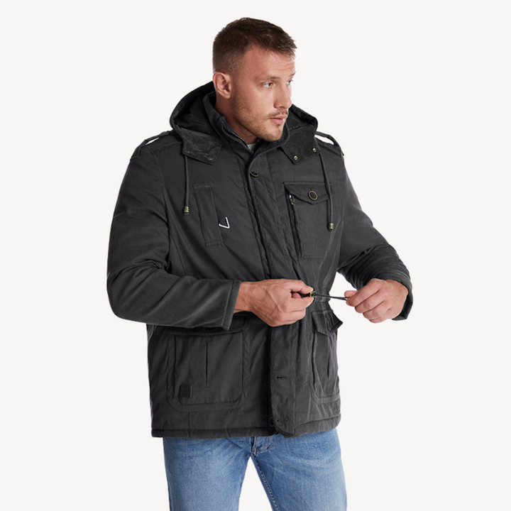 Casual men's utility jacket. Stylish hooded parka, perfect for layering in fall & winter.