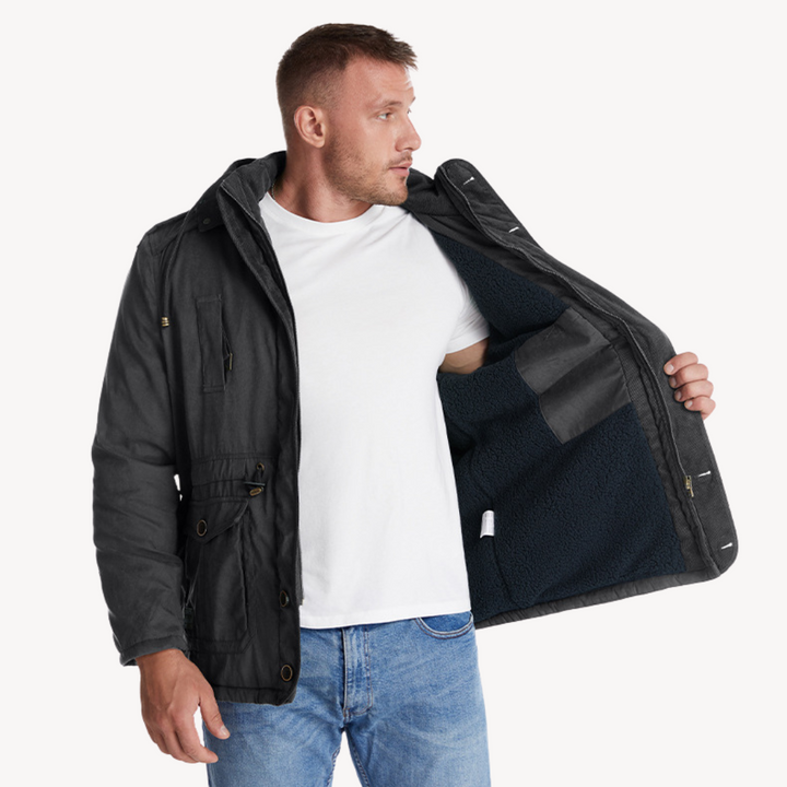 Rugged men's outdoor jacket. Zip-through utility parka with hood & multiple pockets for cold weather.