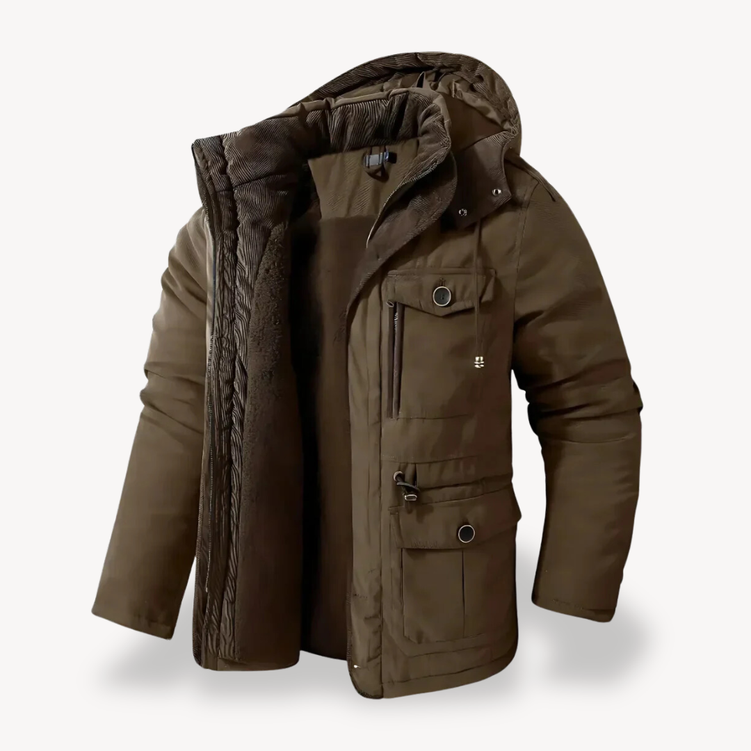 Multi-pocket men's parka. Durable zip-through hooded utility jacket for ultimate outdoor comfort.