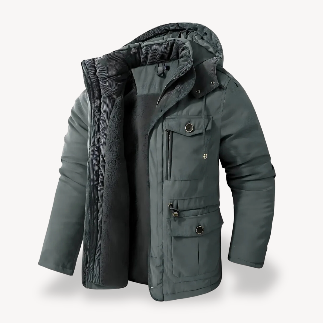 Men's cold weather utility jacket. Insulated hooded parka, ideal for outdoor adventures & layering.