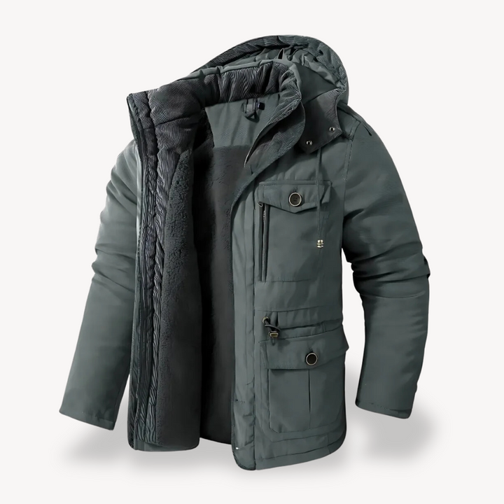 Men's cold weather utility jacket. Insulated hooded parka, ideal for outdoor adventures & layering.
