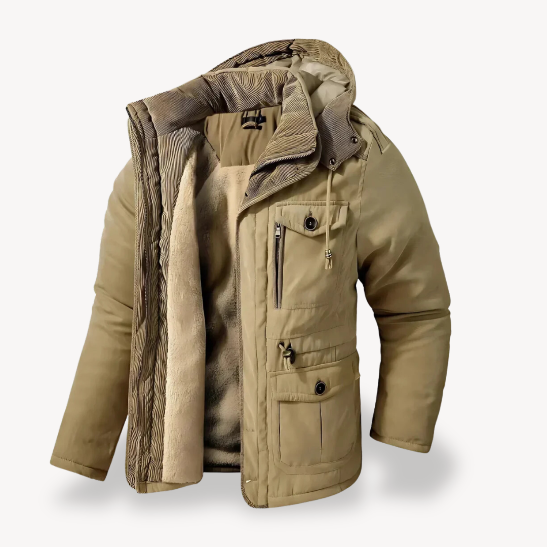 Zip-through men's hooded jacket. Versatile utility parka with multi-pockets for casual & outdoor wear.