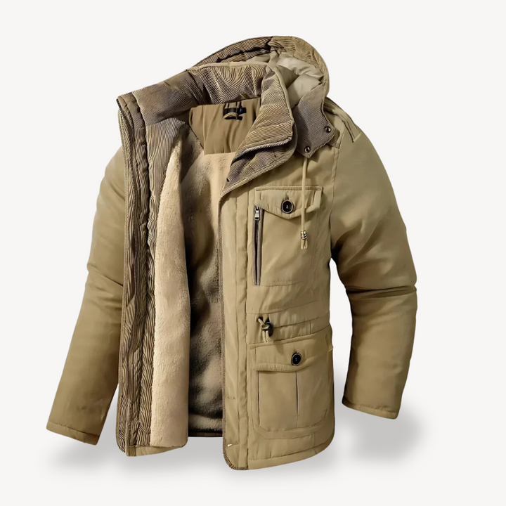 Zip-through men's hooded jacket. Versatile utility parka with multi-pockets for casual & outdoor wear.
