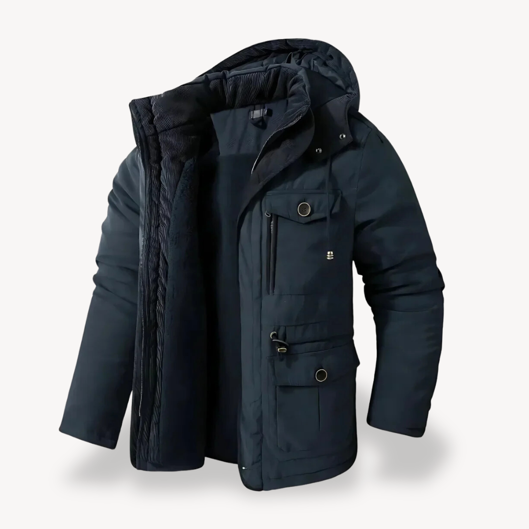 Men's durable outdoor parka. Hooded utility jacket, perfect for cold weather protection & layering.