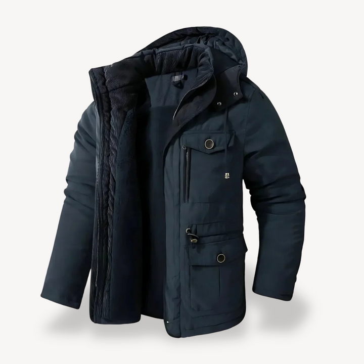 Men's durable outdoor parka. Hooded utility jacket, perfect for cold weather protection & layering.