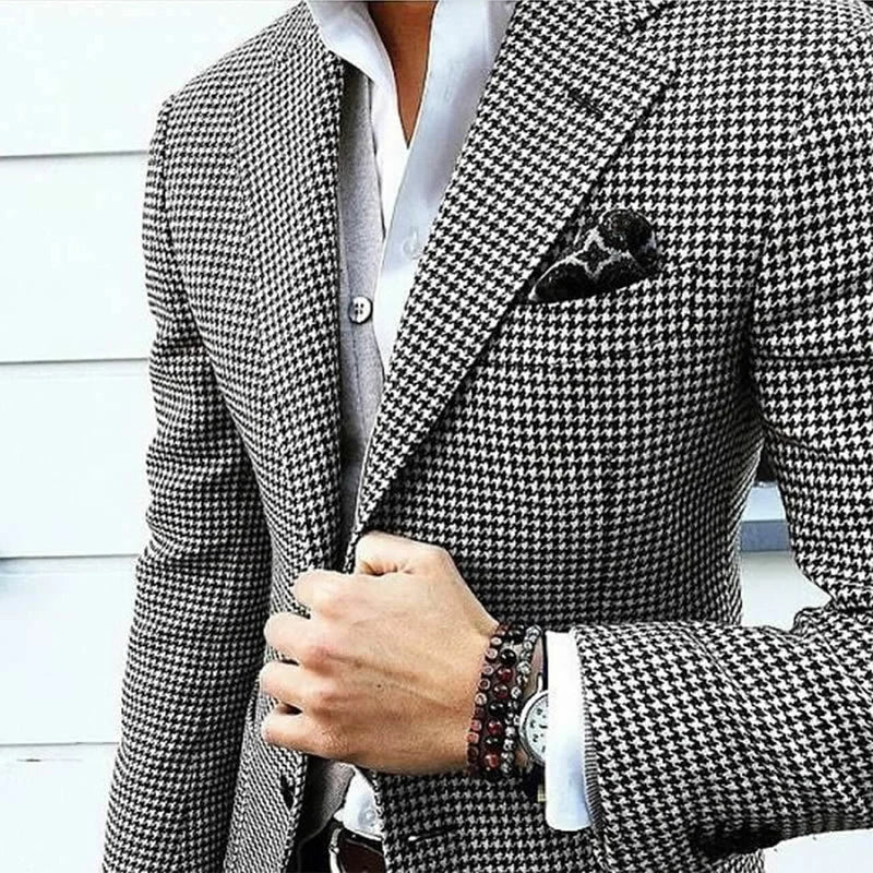 Men's houndstooth check blazer. Versatile formal/casual jacket with notch lapel & button closure for smart casual business wear.